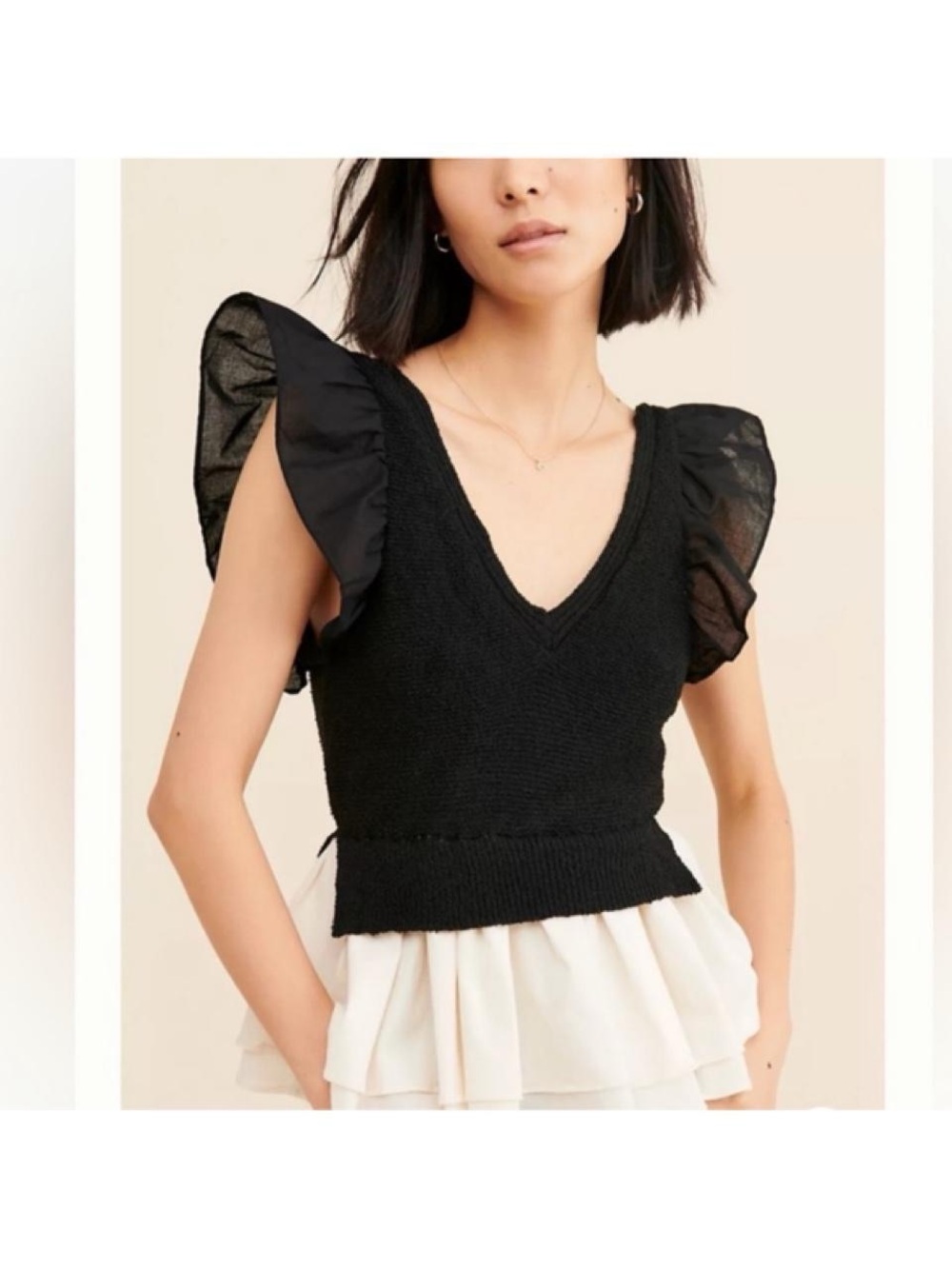 En Saison black ruffle blouse with sheer sleeves, size M